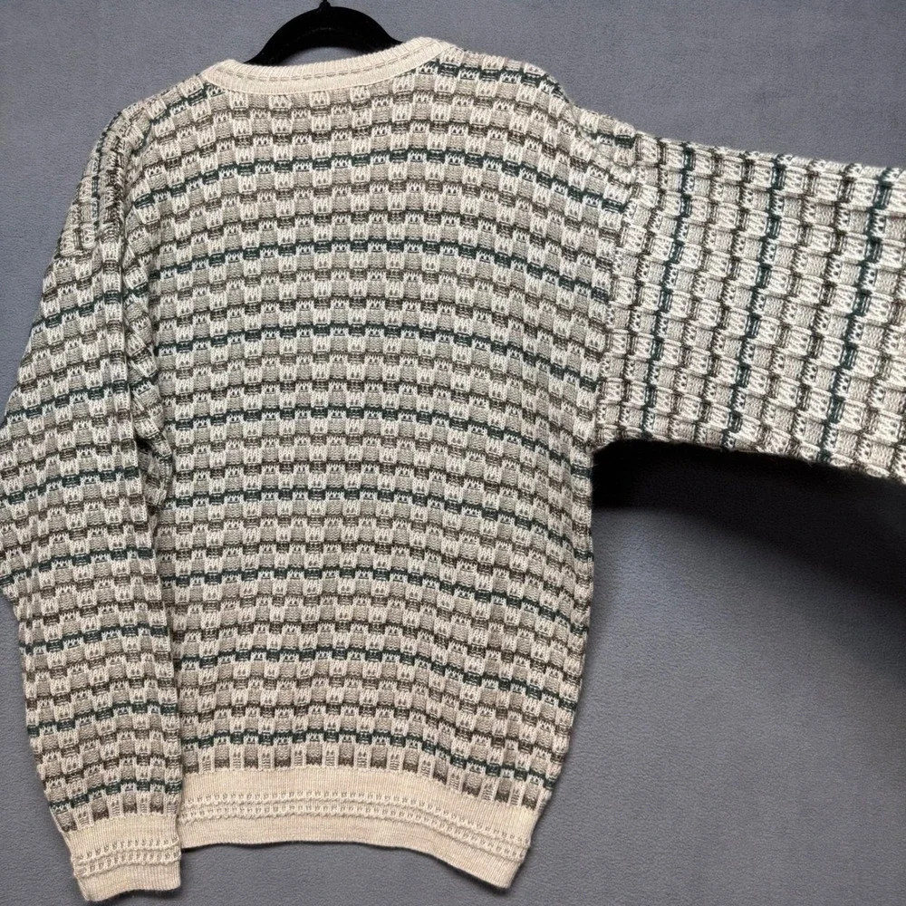 Vintage Jantzen Classics Sweater Mens Large Cream Green Textured Knit Acrylic